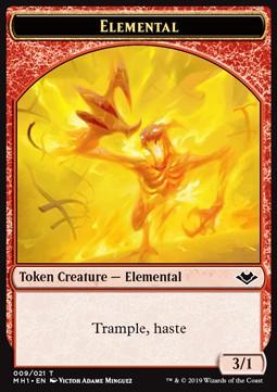 Elemental Token (R 3/1 Trample, haste) // Goblin Token (R 1/1)