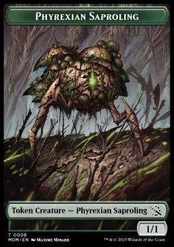Phyrexian Saproling Token (G 1/1) // Warrior Token (RW 3/2)